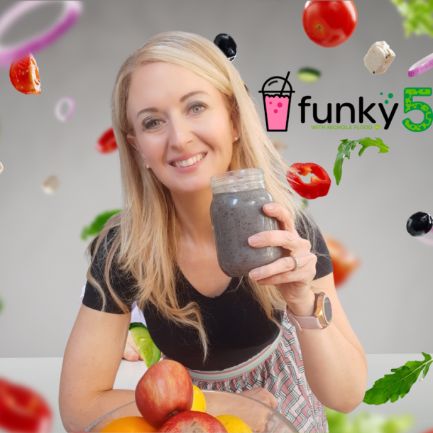 Nichola Flood with a dark coloured smoothie and the words Funky 5 written beside her